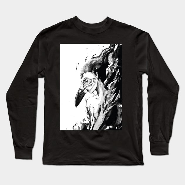 Raven Girl - Black Magic Skull Ink Painting Long Sleeve T-Shirt by mendic